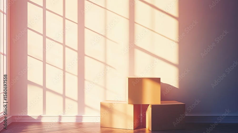 Fototapete wall with sunlight casting shadows across empty boxes and blank space for messaging, home ownership 