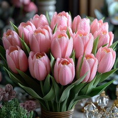 Vibrant pink tulips glisten with dew in an elegant floral arrangement indoors