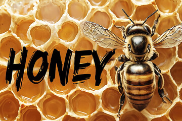 ape in un alveare con la scritta miele accanto, bee in a hive with the word honey next to it