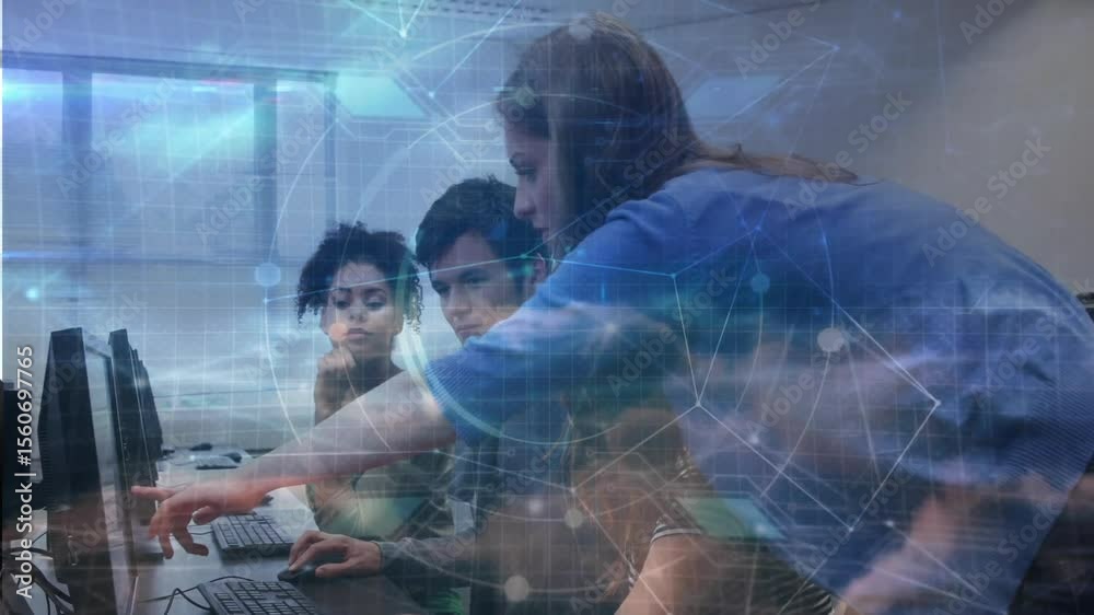 Poster instructor stepping in computer lab guiding students while network overlay animating code flow