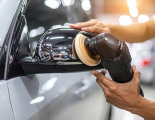 Young male polishing car mirror with electric buffer tool