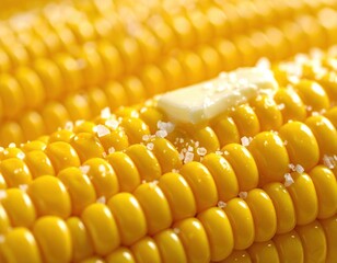 Close-up of buttery corn on the cob with salt crystals