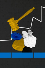 3D photo collage template trend artwork sketch of young lady judge hand hold banknote money...