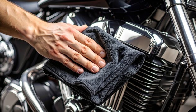 Male hand polishing motorcycle engine with black cloth - Powered by Adobe
