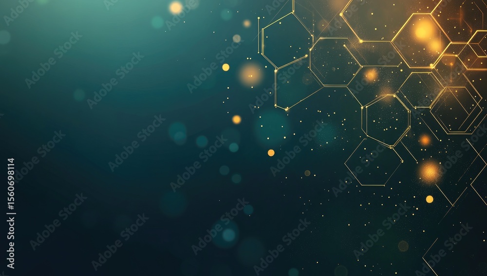 Wall mural abstract background with interconnected golden hexagons on a teal backdrop. bokeh effects and scatte