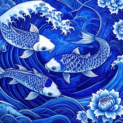 Blue koi fish swimming amidst waves and lotus flowers in traditional art style