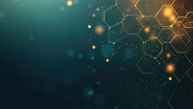 Abstract background with interconnected golden hexagons on a teal backdrop.  Bokeh effects and scattered particles add depth