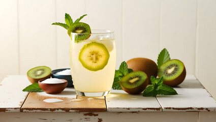A warm and inviting still life featuring a refreshing glass of homemade lemonade garnished with a slice of kiwi and a sprig of fresh mint, placed on a rustic wooden table weathered to a gentle brown 