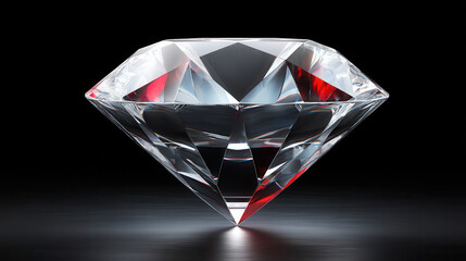 A brilliantly cut diamond sparkles with internal fire, reflecting red and white light on a sleek dark surface, showcasing its clarity and exquisite facets.