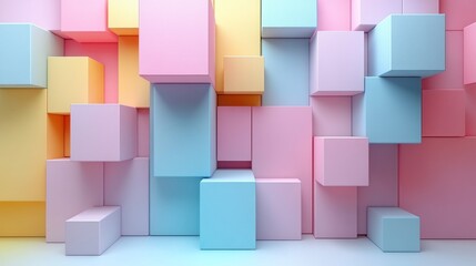 Colorful geometric blocks create a playful abstract wall of pastel hues