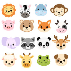 Vector set of cute cartoon animal faces in flat style. Lion, zebra, hippo, monkey, pig, bear, fox, cow, elephant, raccoon, panda, deer, sheep, giraffe, frog, dog. Kids’ designs, stickers, prints.EPS10