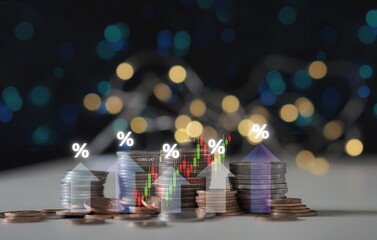 heap of coins with an upward arrow and stock market chart symbolizes rising interest rates,...