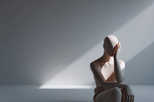 A wooden mannequin sits thoughtfully with hand on face, bathed in dramatic light, evoking reflection and introspection. - Powered by Adobe