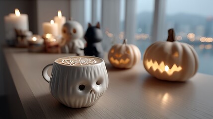 Spooky Halloween Coffee  Candles Cozy Fall Decor with Glowing Pumpkins  Skull Mug.