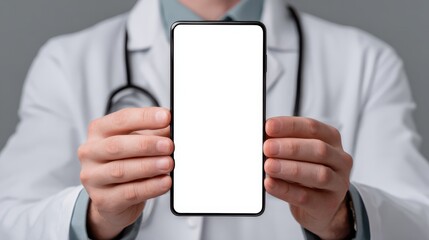 Male doctor holding cell phone in hands using blank white mockup screen technology ehealth mobile app for medical healthcare telemedicine ads, e telehealth online applications. Over shoulder view, no