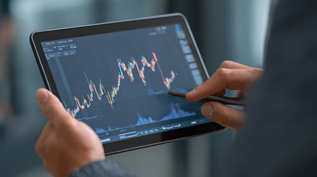 Trader consulting business investor showing crypto trading chart using digital tablet computer analyzing stock exchange market discussing risks and investment financial profit. Over shoulder view, no - Powered by Adobe