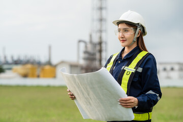 Female Engineer in Uniform Reviewing Blueprints at an Industrial Plant. A woman wearing a yellow...