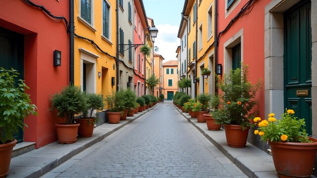 Typical view of empty narrow European street with colorful walls and flowers in pots. Architecture and landmark. Cozy city landscape, tourist route
- Powered by Adobe
