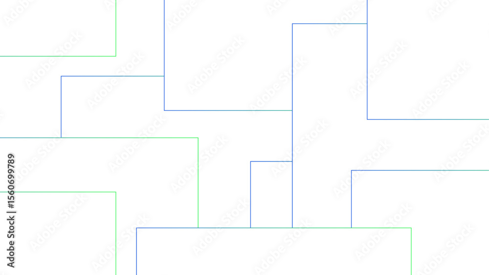 Poster Minimalist abstract background with a white base, with a geometric pattern composed of thin, multi-sized rectangles with soft green and blue lines. Organized, and digital, with a technical
