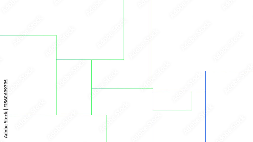 Poster Minimalist abstract background with a white base, with a geometric pattern composed of thin, multi-sized rectangles with soft green and blue lines. Organized, and digital, with a technical