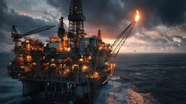 offshore oil rig platform surrounded by ocean, crane arms and flare stack visible