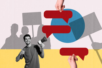 Trend collage template sketch of young man leader smile hand hold megaphone speech cloud picket...