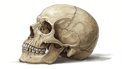 Detailed replica of a human skull, light brown tones, positioned sideways against a clean background.