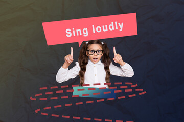 Composite sketch image collage of young schoolgirl hand finger up speech cloud sing loudly carefree...