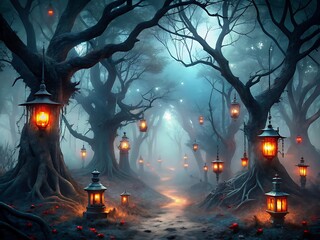 A misty forest path is illuminated by glowing lanterns hanging from the dark, gnarled trees, creating a spooky and dreamlike atmosphere at twilight