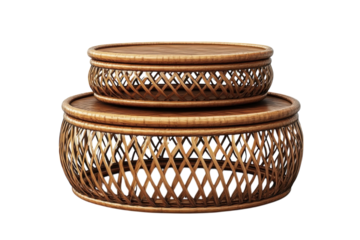 Handwoven rattan tables stacked thoughtfully showcasing rustic charm and artisanal on transparent background