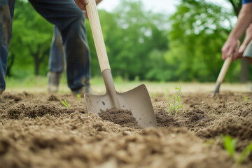 Community volunteers using shovels to cultivate a shared garden, planting seeds and working together