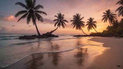 A tranquil beach scene at sunset, with palm trees casting silhouettes against a colorful sky. Gentle waves caress the shore.