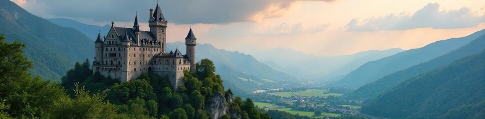 Fototapeta premium Majestic Medieval Castle on Verdant Hilltop Panoramic Valley and Mountain View under Dramatic Sky - Perfect for Fantasy, Fairytale, or Historical Projects