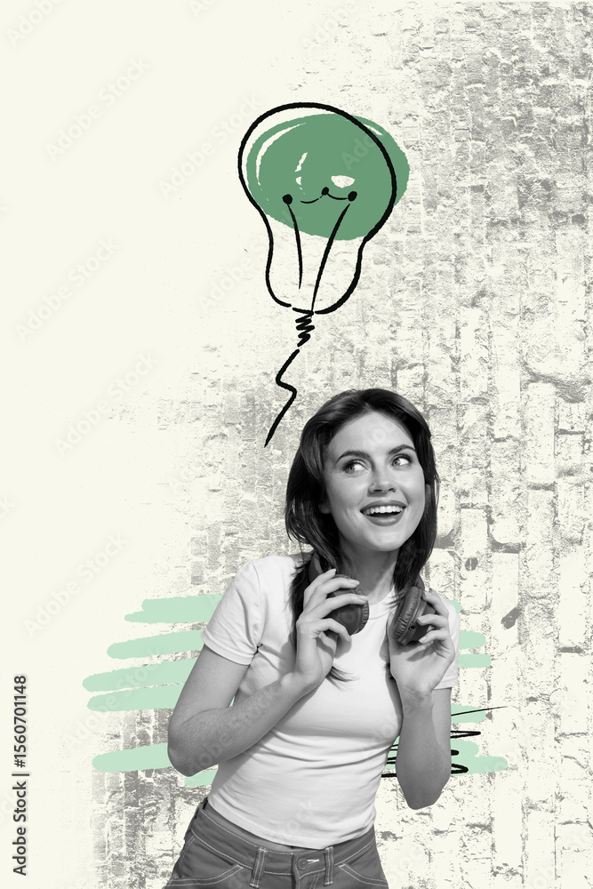 Poster sketch pop image sketch vertical collage of happy businessman businesswoman stand light bulb idea fi
