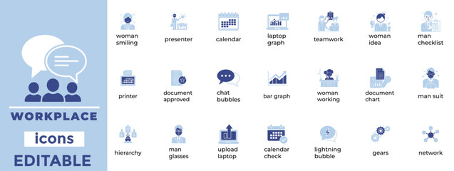 Premium Workplace Vector Icon Sets for professional designs. Editable, modern, clean icons for business, office, and corporate visuals. Ideal for UI/UX, presentations, and branding.