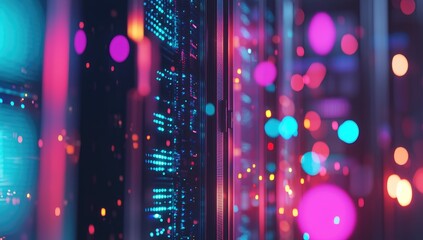 Close-up server rack, vibrant digital glow