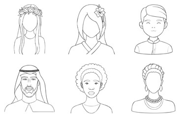 Diverse cultural avatars in clean line art, with floral crowns, traditional clothing, afro hair and accessories.  Concept multicultural platforms, education,  identity