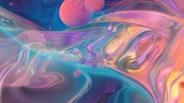 Neon-colored orbs float inside thick fluid surrounded by shifting planetary rings and iridescent light, resembling extraterrestrial underwater environment in zero gravity