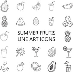Collection of hand drawn summer fruit and drink line art icons