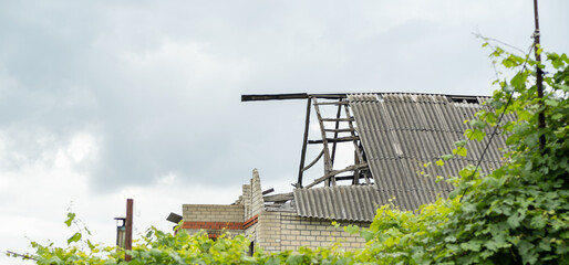 A rural building displays significant damage with its roof partially collapsed Overgrown vines...