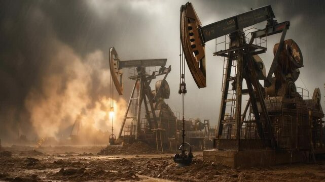 oil production scene with heavy machinery pumping crude oil, muddy field and industrial tone