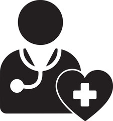 Silhouette icon of doctor with heart symbol, representing in-house clinic, employee healthcare, and medical support.