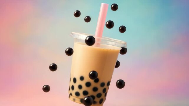 Enjoying a refreshing bubble tea with tapioca pearls on a colorful backdrop