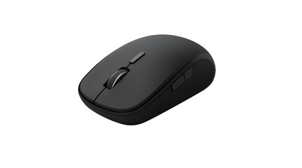 A sleek black computer mouse is presented against a transparent background, ideal for technology product showcases or workspace design elements.