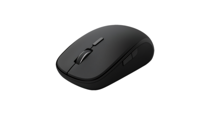 A sleek black computer mouse is presented against a transparent background, ideal for technology product showcases or workspace design elements.