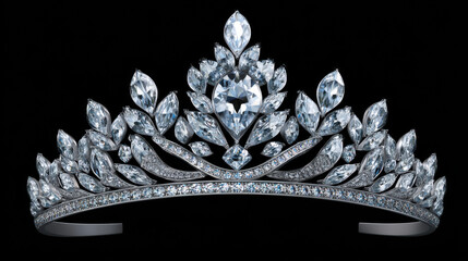A dazzling diamond tiara sparkles against a black backdrop, showcasing intricate designs and brilliant gemstones in a luxurious display of elegance and wealth.