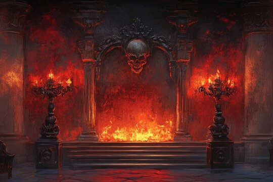 A fiery altar, ornate and dark