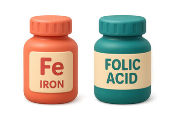 Iron and folic acid supplements bottles for health and nutrition