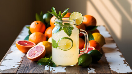 A glass jar filled with refreshing lemonade, garnished with a sprig of fresh mint leaves and a slice of lime, sitting on a rustic, distressed wooden table, surrounded by an arrangement of vibrant