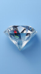 A flawlessly cut and sparkling clear diamond reflects light on a serene blue background, symbolizing luxury, rarity, and the brilliance of precious gems.